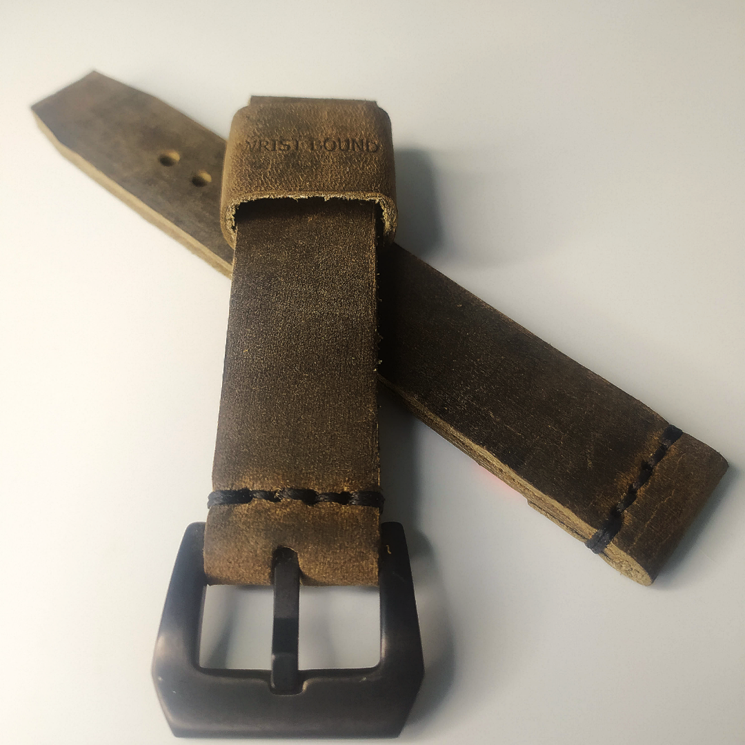 Correa de muñeca de 22 mm de cuero marrón desgastado y costuras negras
