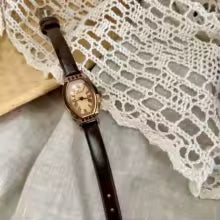 Vintage Casual Elegant Women's Coffee Brown Leather Strap Watch with Barrel Shaped Dial and Rhinestone Accents