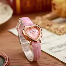 Women's Pink Heart Dial with Rhinestone Accents Leather Band Quartz Watch