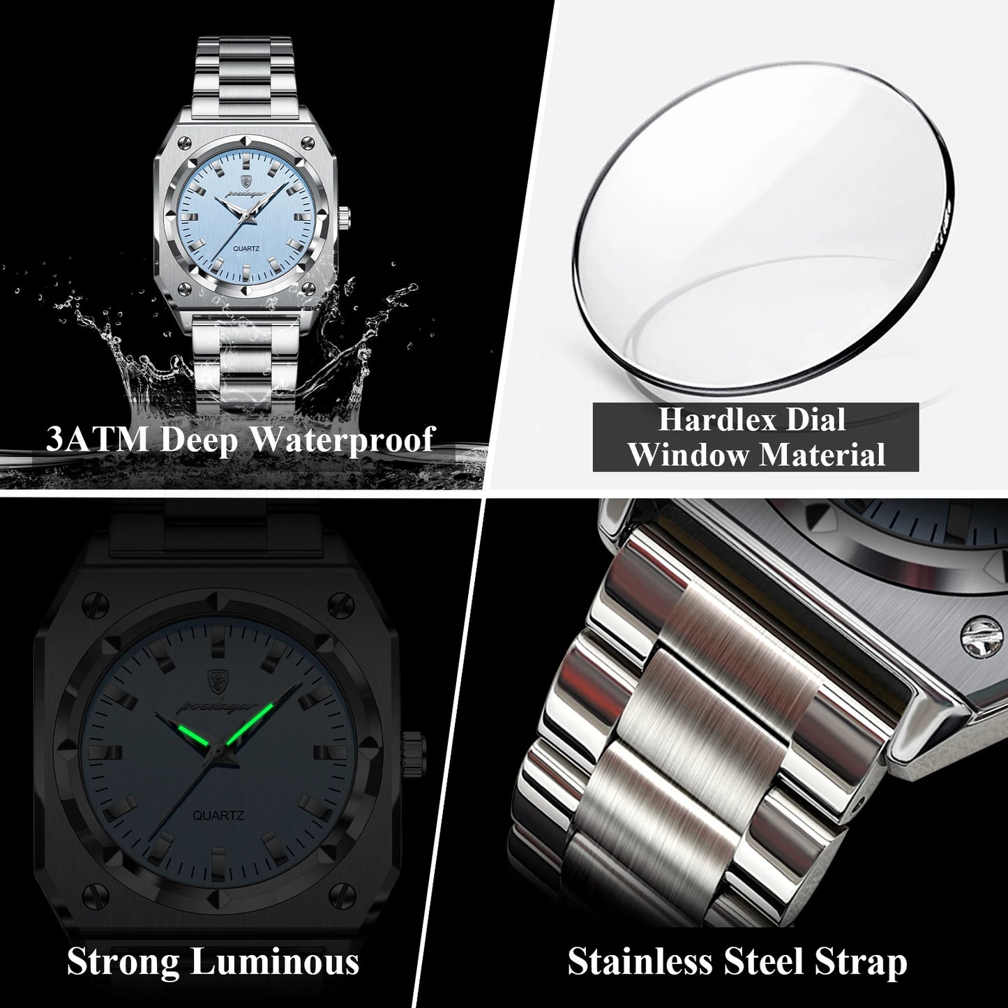 Poedegar Square Luxury Unisex Watch with Stainless Steel Case, Bracelet and Blue Dial