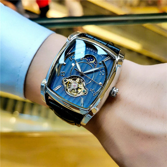 AOKULASIC Automatic Watch with Blue Skeleton Tonneau Dial and Moon Phase