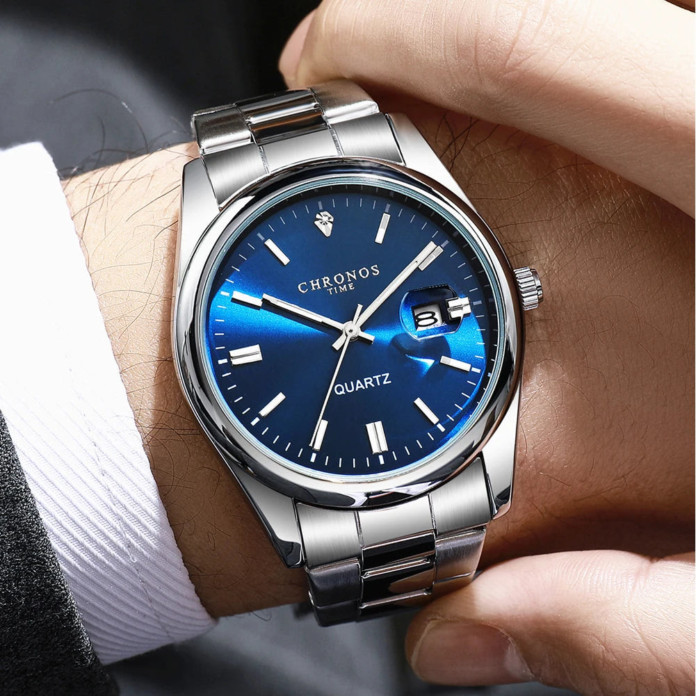 Chronos Blue Dial Stainless Steel Quartz Watch for Men
