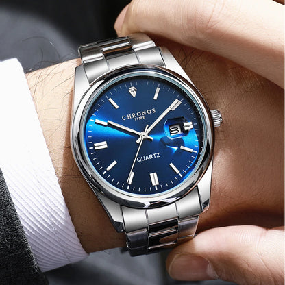Chronos Blue Dial Stainless Steel Quartz Watch for Men