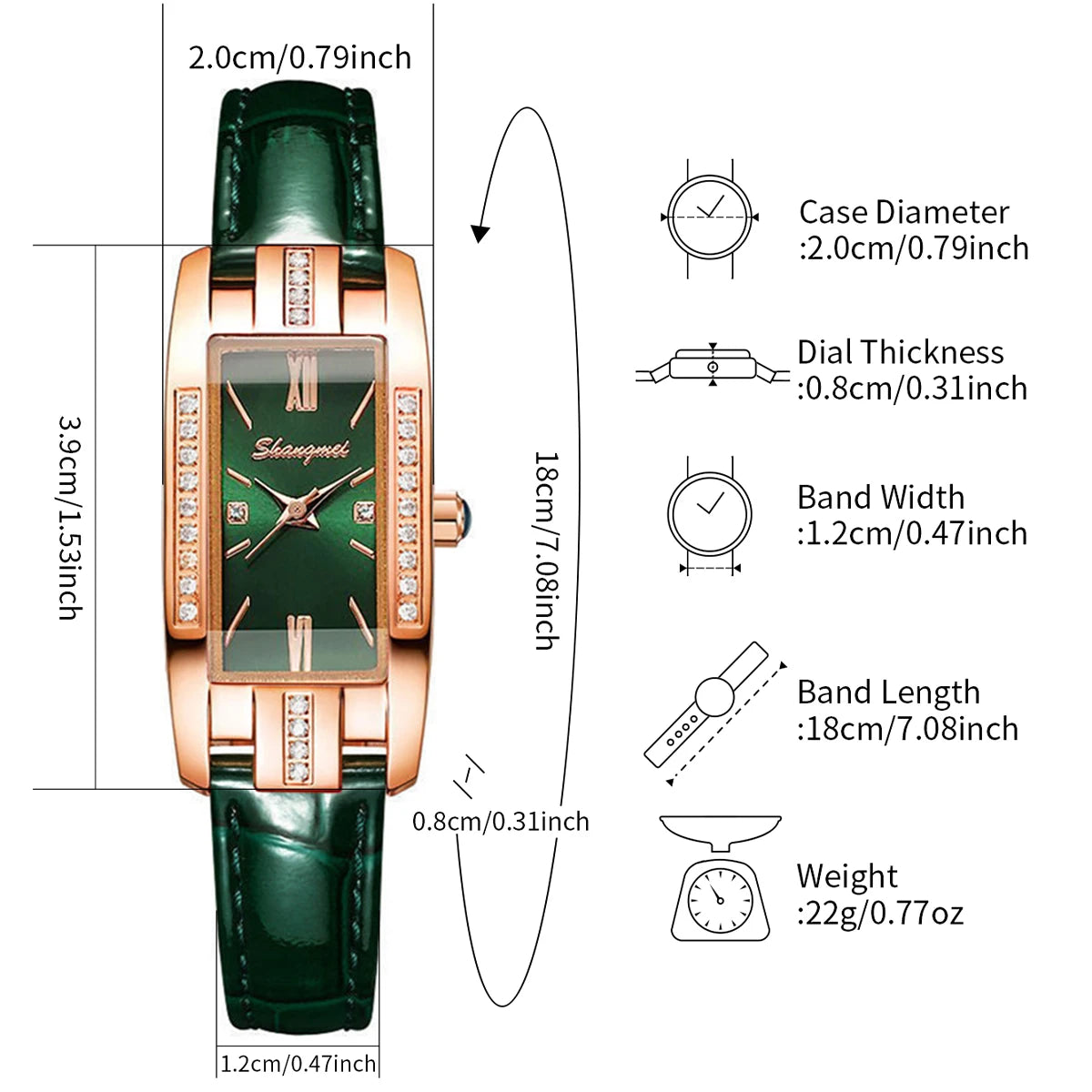 Women's Green Rectangle Dial Leather Band Quartz Watch