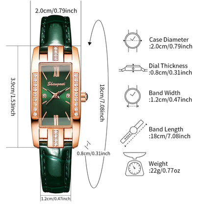 Women's Green Rectangle Dial Leather Band Quartz Watch