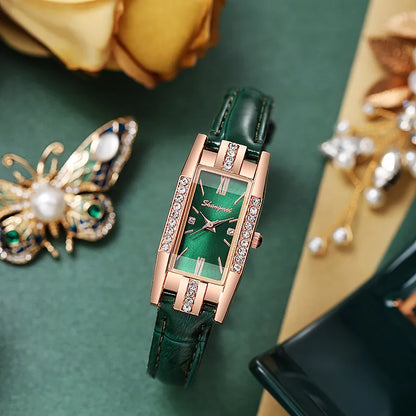 Women's Green Rectangle Dial Leather Band Quartz Watch
