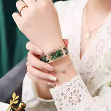 Women's Green Rectangle Dial Leather Band Quartz Watch