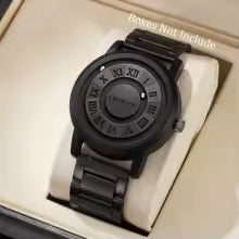 Magnetic Suspension Dial Mens Sports or Casual Black Quartz Watch With Stainless Steel Bracelet