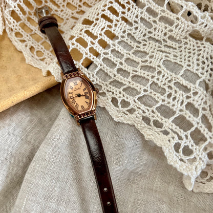 Vintage Casual Elegant Women's Coffee Brown Leather Strap Watch with Barrel Shaped Dial and Rhinestone Accents