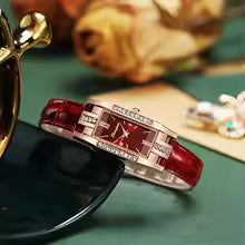 Women's Crimson Rectangle Dial Leather Band Quartz Watch