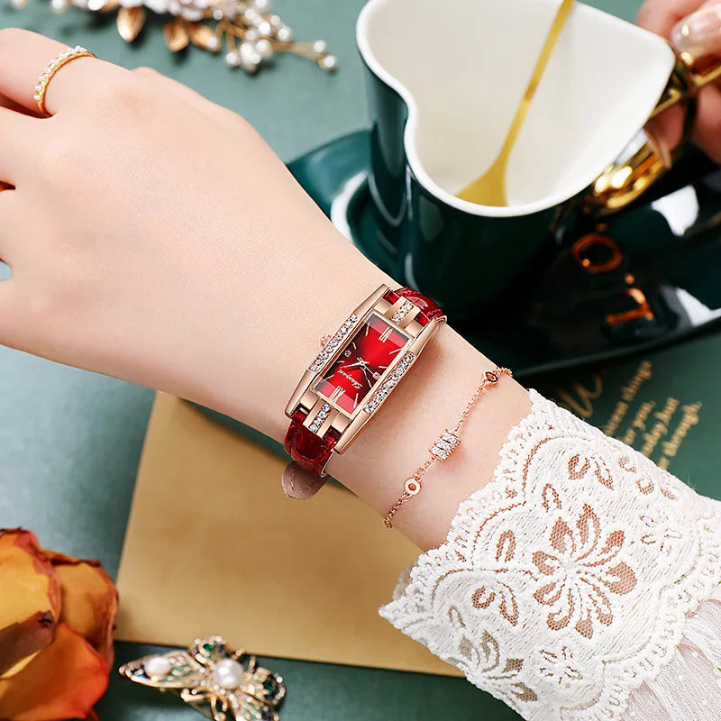 Women's Crimson Rectangle Dial Leather Band Quartz Watch