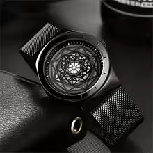 Black Rotating circular Dials Men´s Affordable Watch with Steel Mesh Band