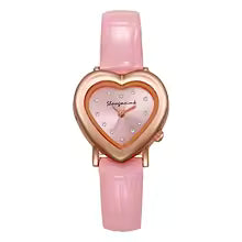 Women's Pink Heart Dial with Rhinestone Accents Leather Band Quartz Watch