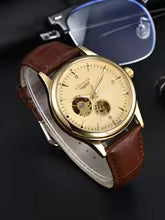 Longlux Automatic Beige Open Heart Dial with Crocodile Pattern Leather Strap
