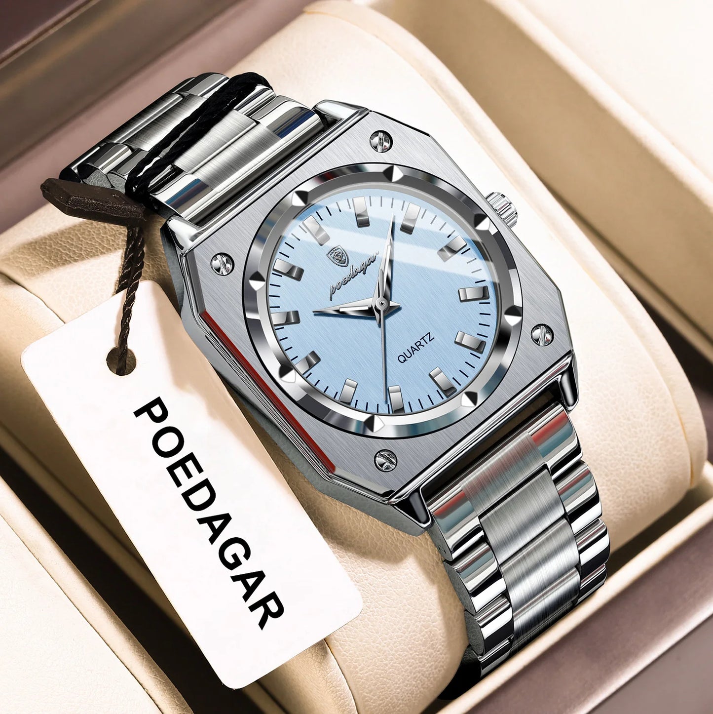 Poedegar Square Luxury Unisex Watch with Stainless Steel Case, Bracelet and Blue Dial