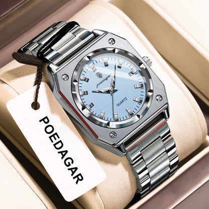 Poedegar Square Luxury Unisex Watch with Stainless Steel Case, Bracelet and Blue Dial