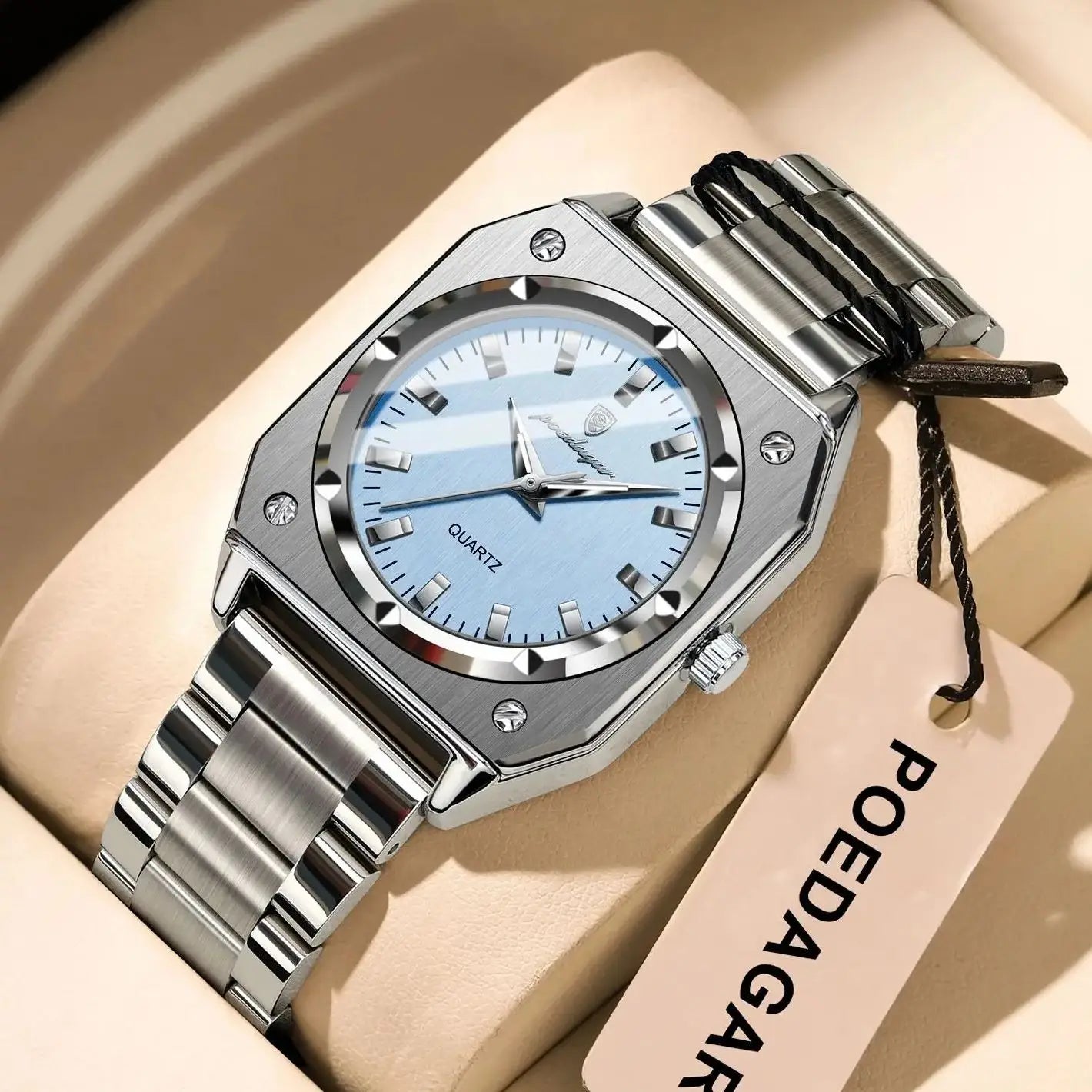 Poedegar Square Luxury Unisex Watch with Stainless Steel Case, Bracelet and Blue Dial