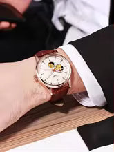 Longlux Automatic Beige Open Heart Dial with Crocodile Pattern Leather Strap