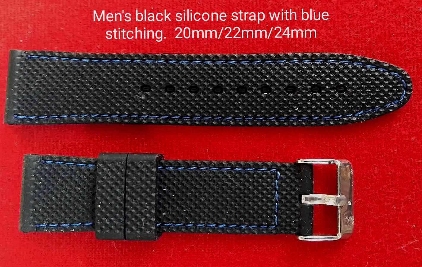 Correa de hombre de silicona gris y negra con pespunte azul 20mm/22mm/24mm