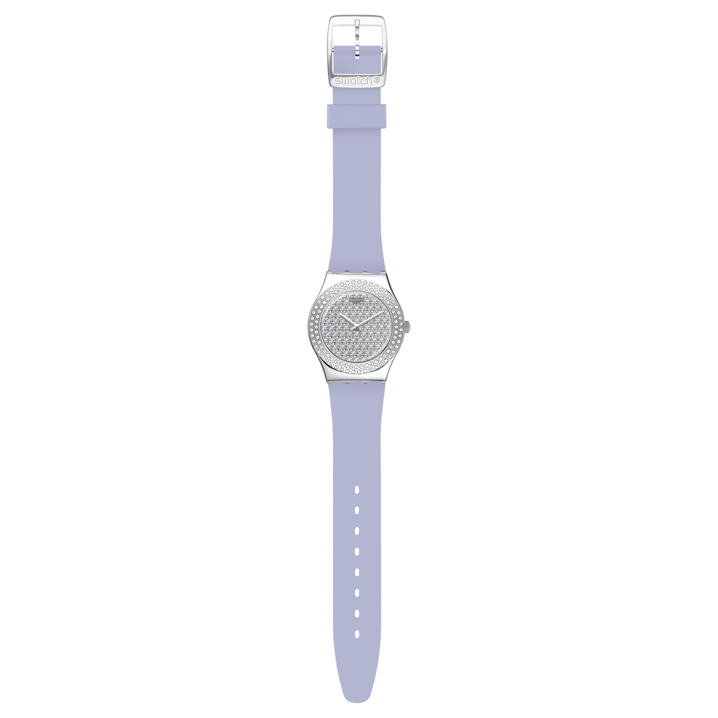 Swatch Lovely Lila Cristal de cuarzo Esfera plateada Reloj para mujer YLS216