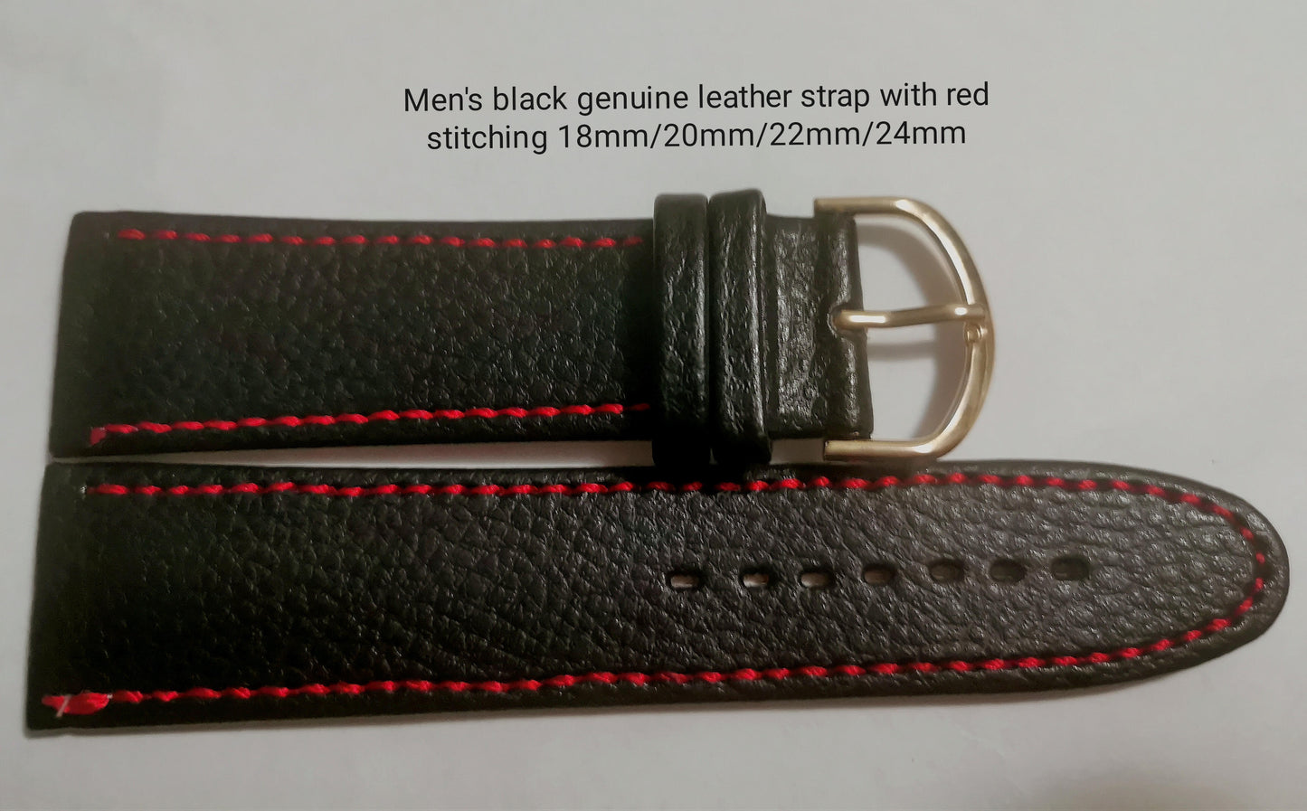 Correa de piel auténtica negra para hombre con pespuntes rojos 18 mm/20 mm/22 mm/24 mm