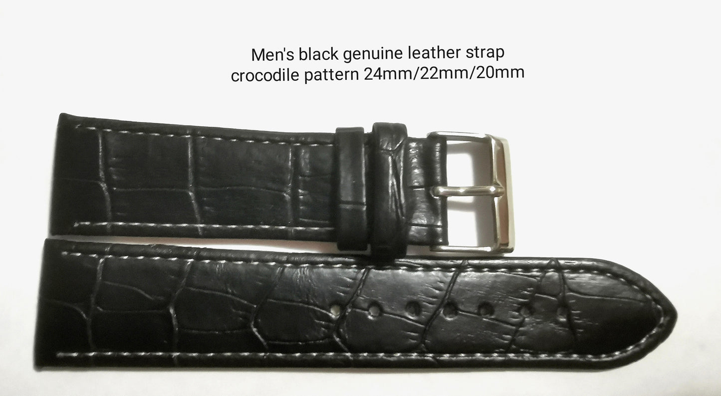 Correa para hombre de piel auténtica negra con diseño de cocodrilo de 20 mm/22 mm/24 mm