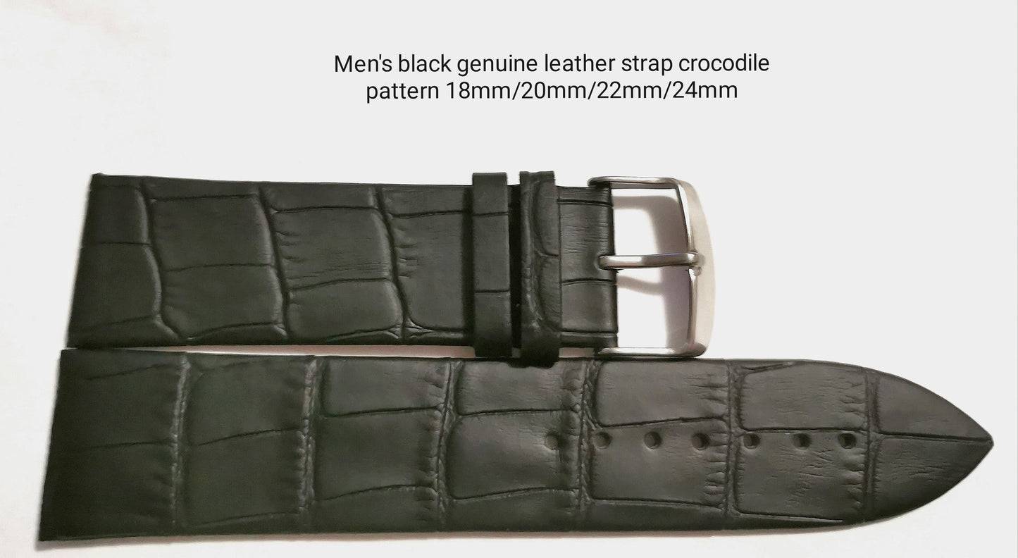Correa de piel auténtica negra con diseño de cocodrilo para hombre, 18 mm/20 mm/22 mm/24 mm